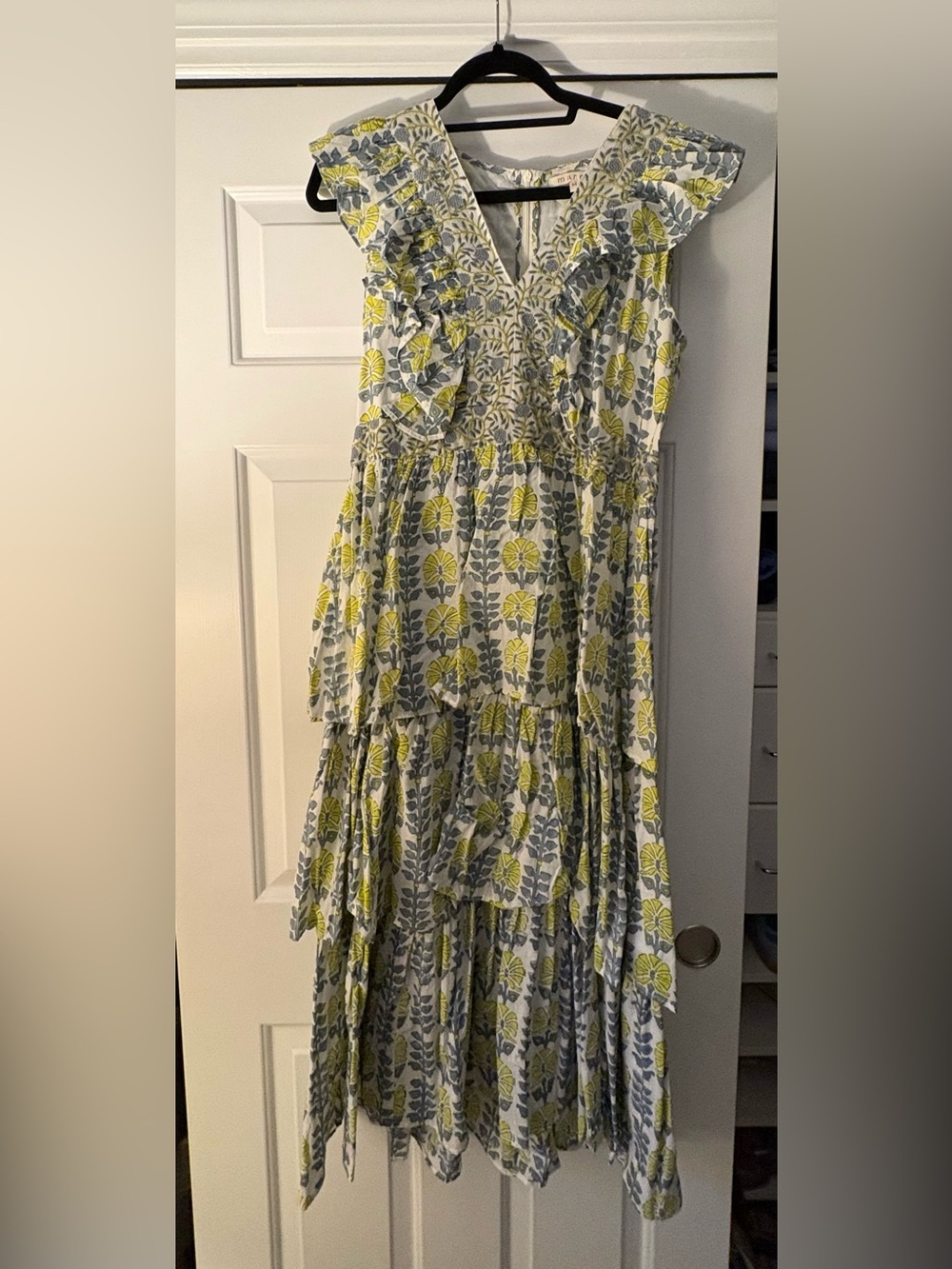 Tiered Midi Dress in Yellow and Gray Floral